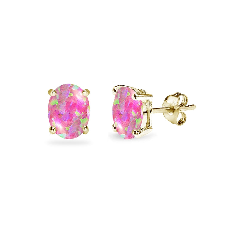 Yellow Gold Flashed Sterling Silver Created Pink Opal 6x4mm Oval-Cut Solitaire Stud Earrings
