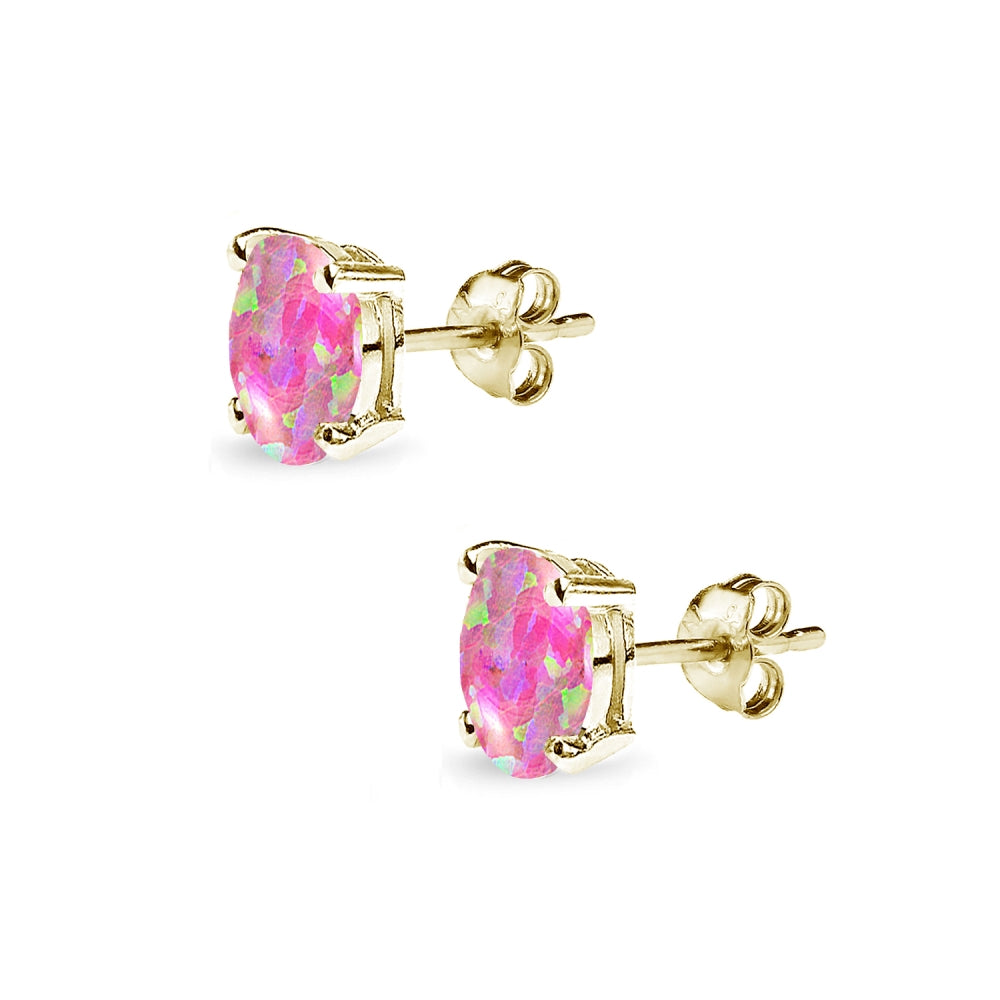 Yellow Gold Flashed Sterling Silver Created Pink Opal 6x4mm Oval-Cut Solitaire Stud Earrings-2