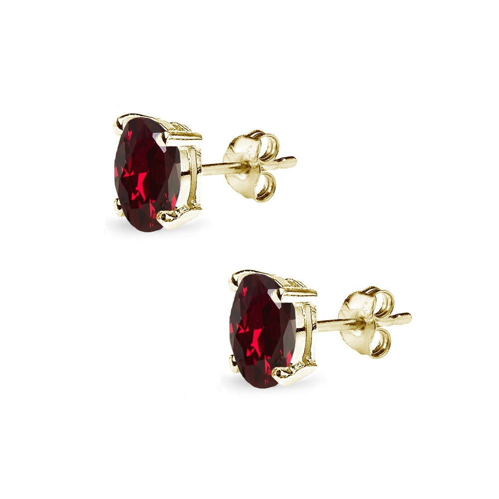 Yellow Gold Flashed Sterling Silver Created Ruby 6x4mm Oval-Cut Solitaire Stud Earrings-2