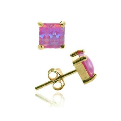 Gold Tone over Sterling Silver 5mm Square Created Pink Opal Stud Earrings