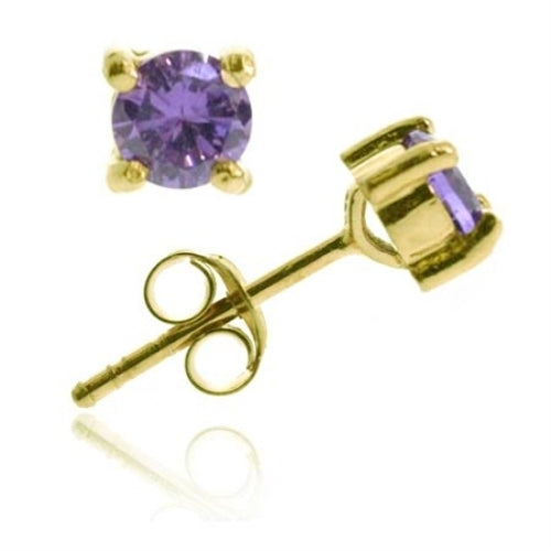 18K Gold Over Sterling Silver Amethyst CZ Round Stud Earrings, 6mm-2