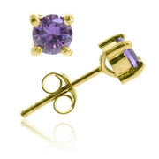 18K Gold Over Sterling Silver Amethyst CZ Round Stud Earrings, 6mm