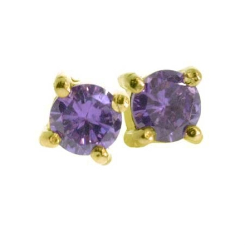 18K Gold Over Sterling Silver Amethyst CZ Round Stud Earrings, 6mm-3