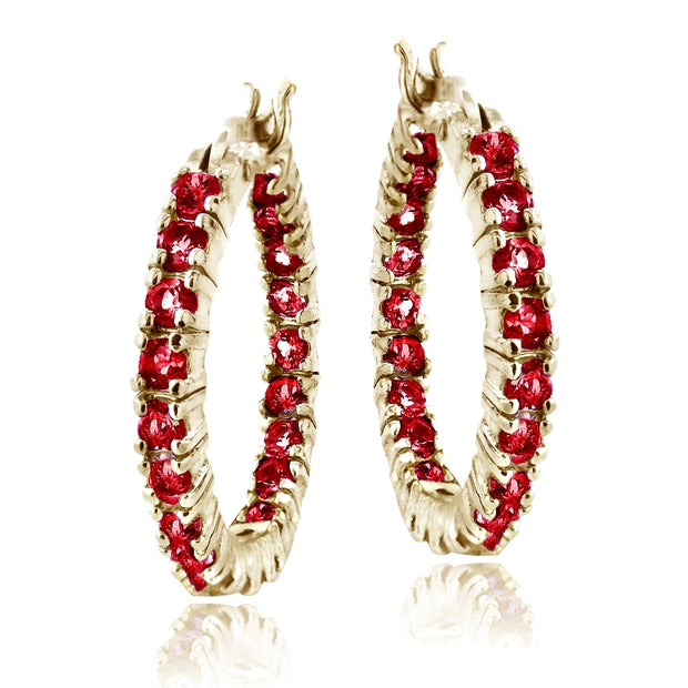 Gold Tone Over Silver Created Red Ruby Inside Out Hoop Earrings