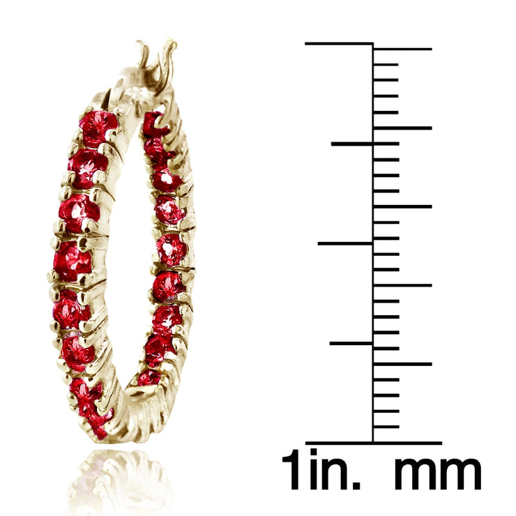 Gold Tone Over Silver Created Red Ruby Inside Out Hoop Earrings