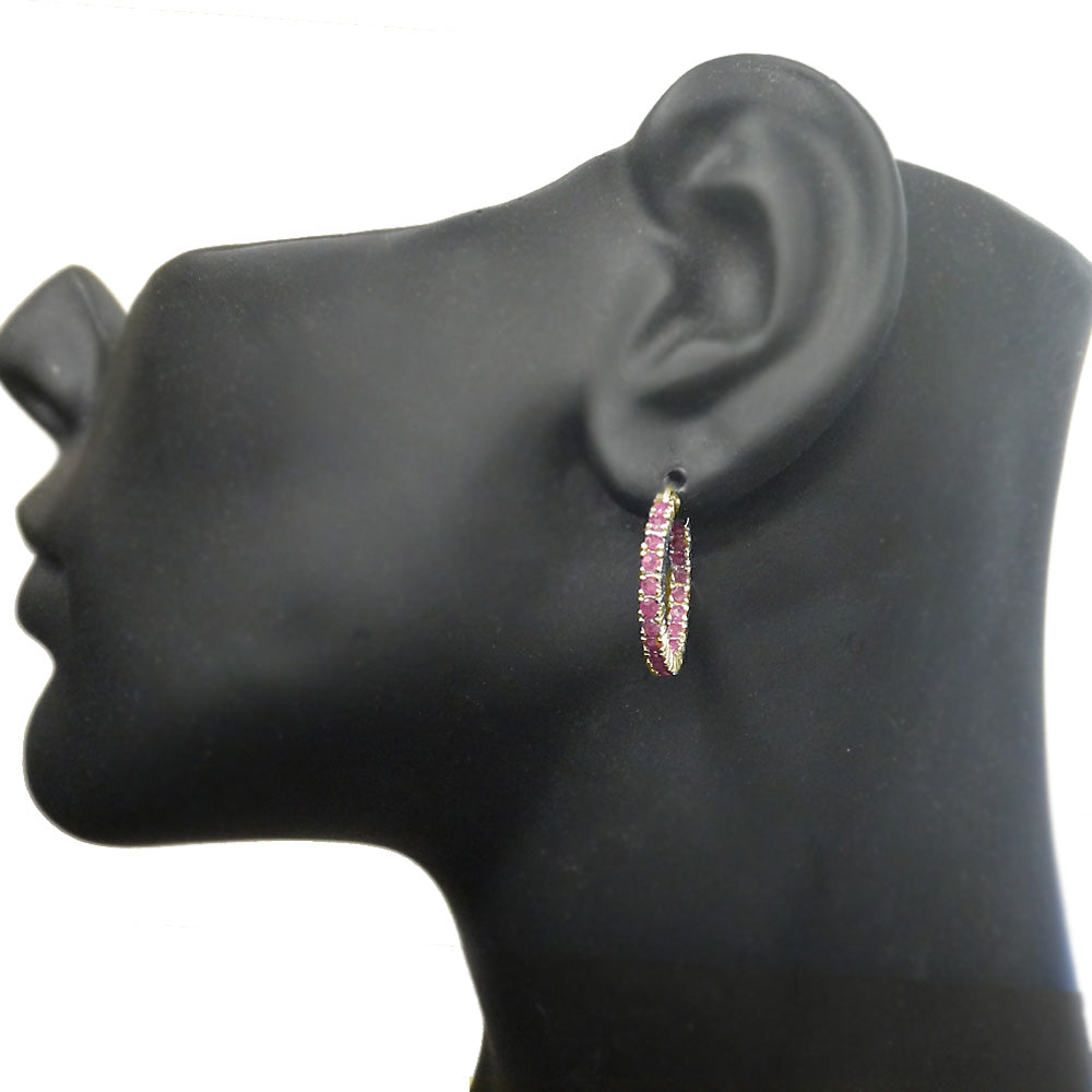 18K Gold Tone over Sterling Silver Inside Out Genuine Ruby Hoop Earrings-2