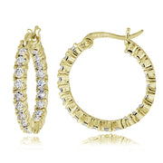 Gold Tone over Sterling Silver Cubic Zirconia 3mm Round Hoop Earrings, 20mm