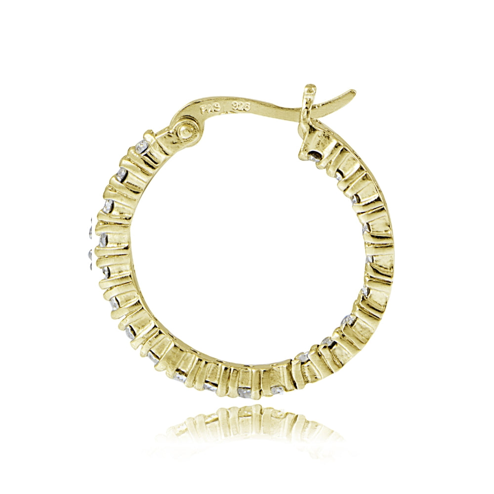 Gold Tone over Sterling Silver Cubic Zirconia 3mm Round Hoop Earrings, 20mm-2