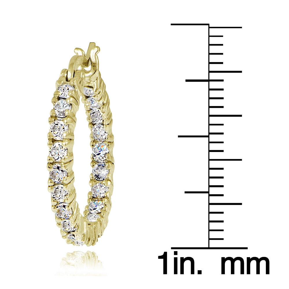 Gold Tone over Sterling Silver Cubic Zirconia 3mm Round Hoop Earrings, 20mm-3