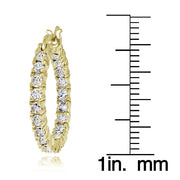 Gold Tone over Sterling Silver Cubic Zirconia 3mm Round Hoop Earrings, 20mm