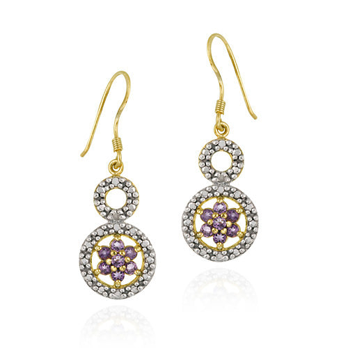 18K Gold over Sterling Silver Amethyst Flower & Diamond Accent Double Circle Earrings