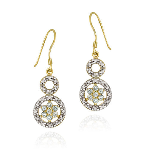 18K Gold over Sterling Silver Blue Topaz Flower & Diamond Accent Double Circle Earrings