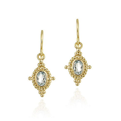 18K Gold Over Sterling Silver Blue Topaz Bali Rope Design Dangle Earrings