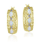 18K Gold over Sterling Silver Created Opal & Diamond Accent Filigree Hoop Earrings