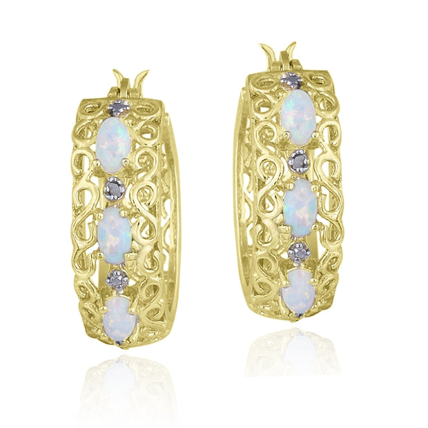 18K Gold over Sterling Silver Created Opal & Diamond Accent Filigree Hoop Earrings