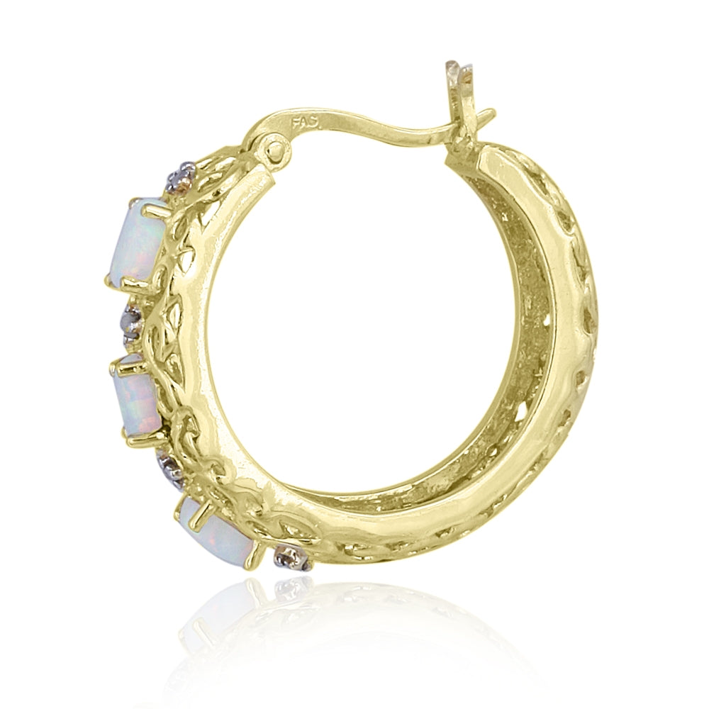 18K Gold over Sterling Silver Created Opal & Diamond Accent Filigree Hoop Earrings-2