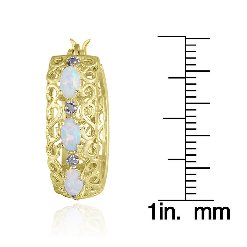18K Gold over Sterling Silver Created Opal & Diamond Accent Filigree Hoop Earrings-3