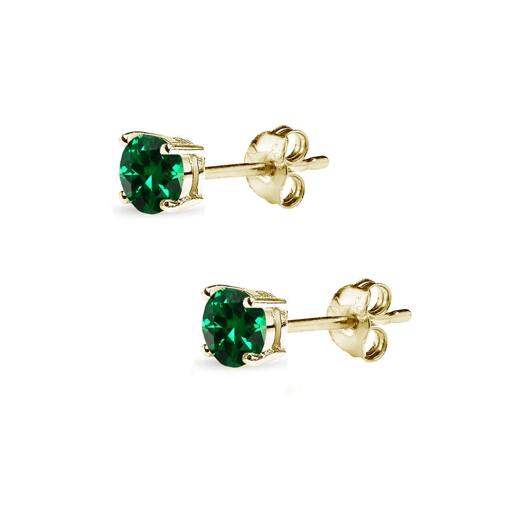 Yellow Gold Flashed Sterling Silver Simulated Emerald 4mm Round-Cut Solitaire Stud Earrings-2