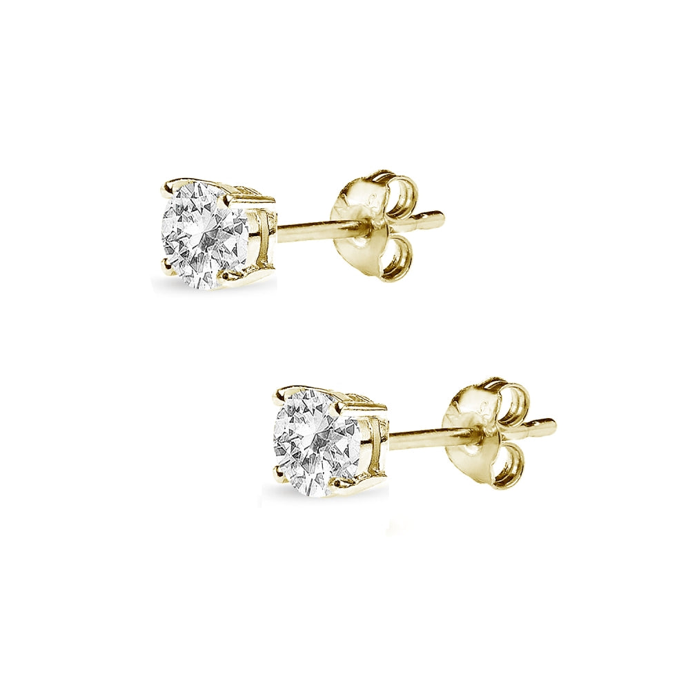 Yellow Gold Flashed Sterling Silver White Topaz 4mm Round-Cut Solitaire Stud Earrings-2