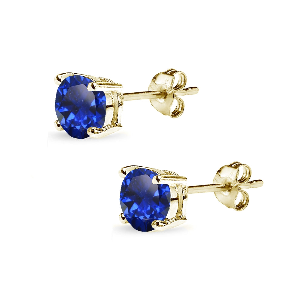 Yellow Gold Flashed Sterling Silver Created Blue Sapphire 6mm Round-Cut Solitaire Stud Earrings-2
