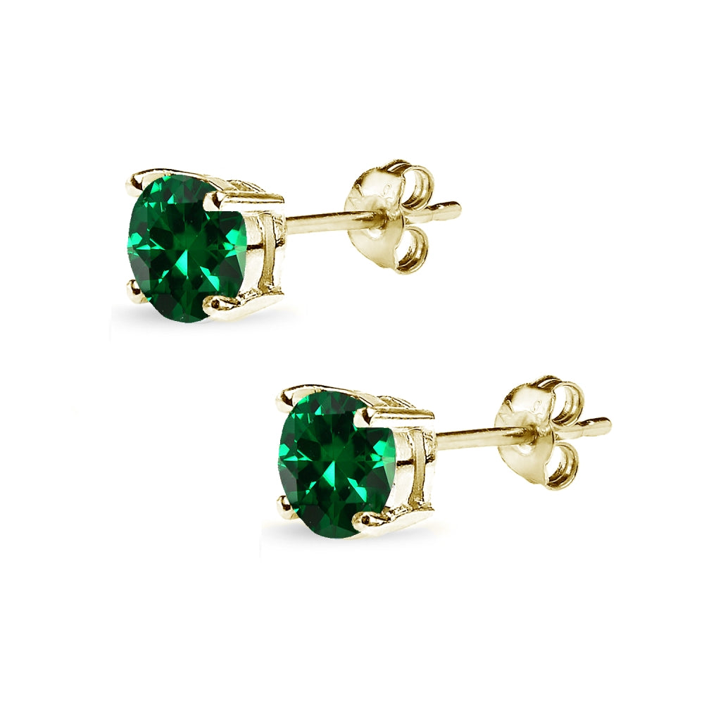 Yellow Gold Flashed Sterling Silver Created Emerald 6mm Round-Cut Solitaire Stud Earrings-2