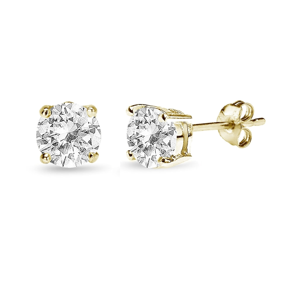 Yellow Gold Flashed Sterling Silver White Topaz 6mm Round-Cut Solitaire Stud Earrings