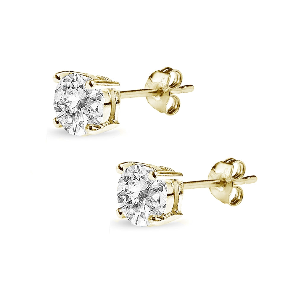 Yellow Gold Flashed Sterling Silver White Topaz 6mm Round-Cut Solitaire Stud Earrings-2