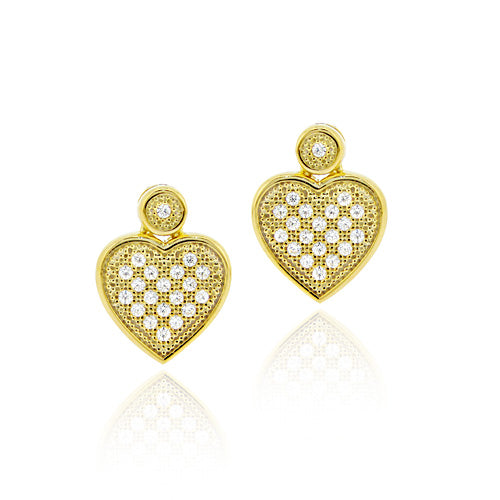 18K Gold over Sterling Silver CZ Micro Pave Heart Dangle Earrings