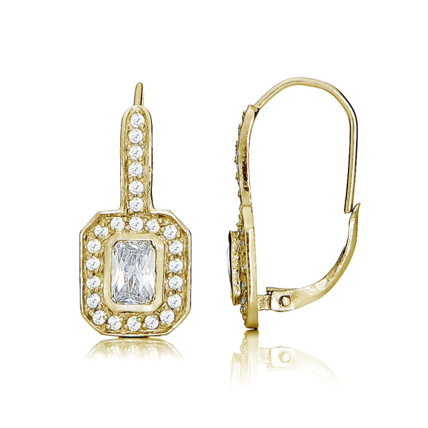 Yellow Gold Flashed Sterling Silver Cubic Zirconia Rectangle Leverback Earrings