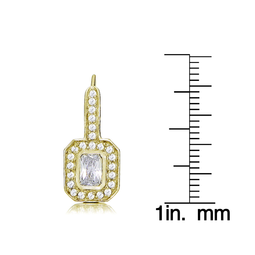 Yellow Gold Flashed Sterling Silver Cubic Zirconia Rectangle Leverback Earrings-3