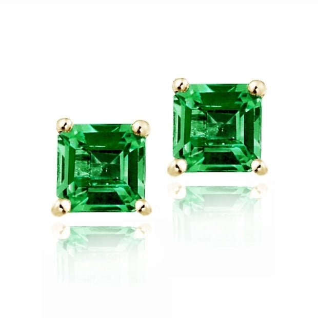 18K Gold over Sterling Silver 1.5ct Created Emerald Square Stud Earrings, 5mm