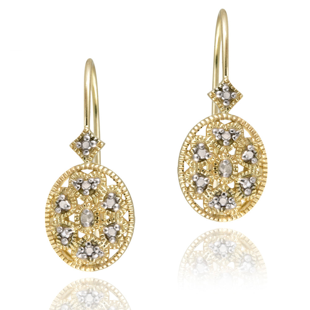 Yellow Gold Flashed Sterling Silver Oval Filigree Diamond Accent Leverback Drop Earrings, JK-I3-2
