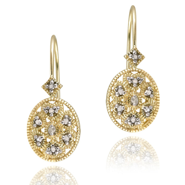 Yellow Gold Flashed Sterling Silver Oval Filigree Diamond Accent Leverback Drop Earrings, JK-I3