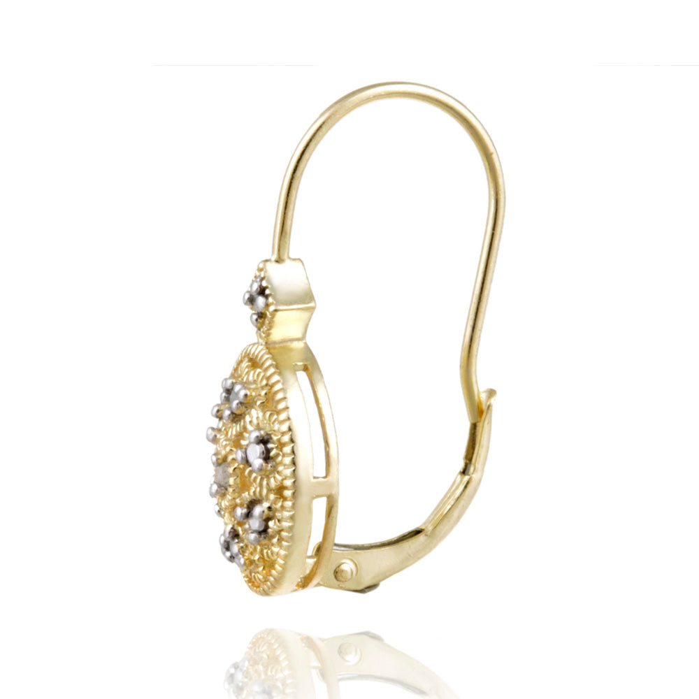 Yellow Gold Flashed Sterling Silver Oval Filigree Diamond Accent Leverback Drop Earrings, JK-I3-3