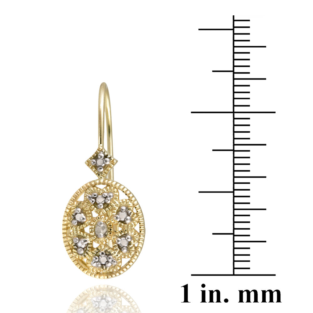 Yellow Gold Flashed Sterling Silver Oval Filigree Diamond Accent Leverback Drop Earrings, JK-I3-4