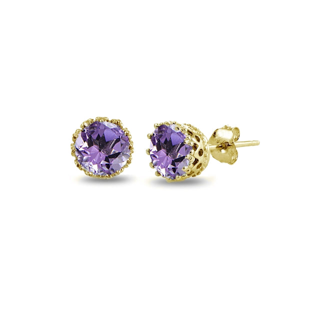 Yellow Gold Flashed Sterling Silver Amethyst Crown Stud Earrings