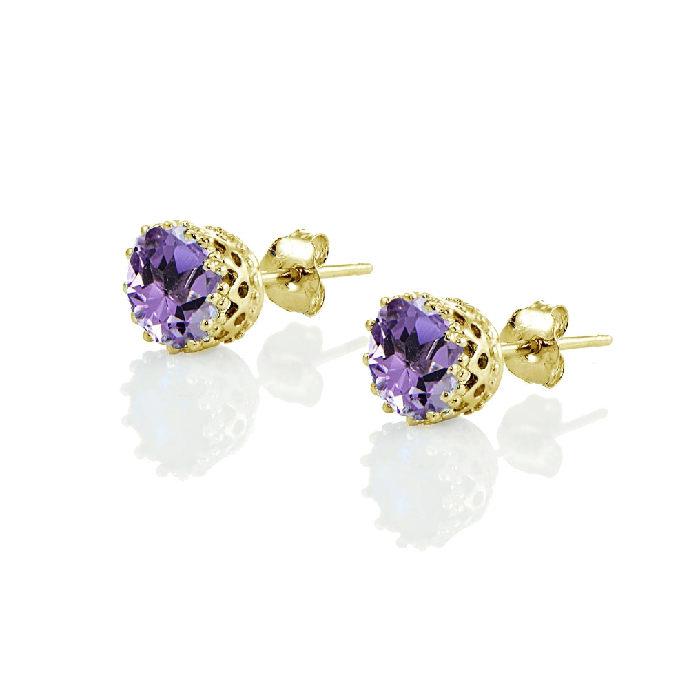 Yellow Gold Flashed Sterling Silver Amethyst Crown Stud Earrings-2