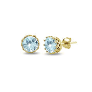 Yellow Gold Flashed Sterling Silver Blue Topaz Crown Stud Earrings