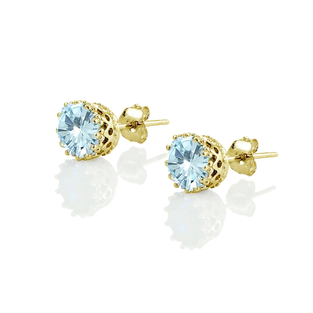 Yellow Gold Flashed Sterling Silver Blue Topaz Crown Stud Earrings-2