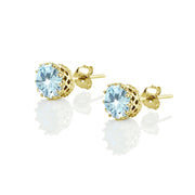 Yellow Gold Flashed Sterling Silver Blue Topaz Crown Stud Earrings