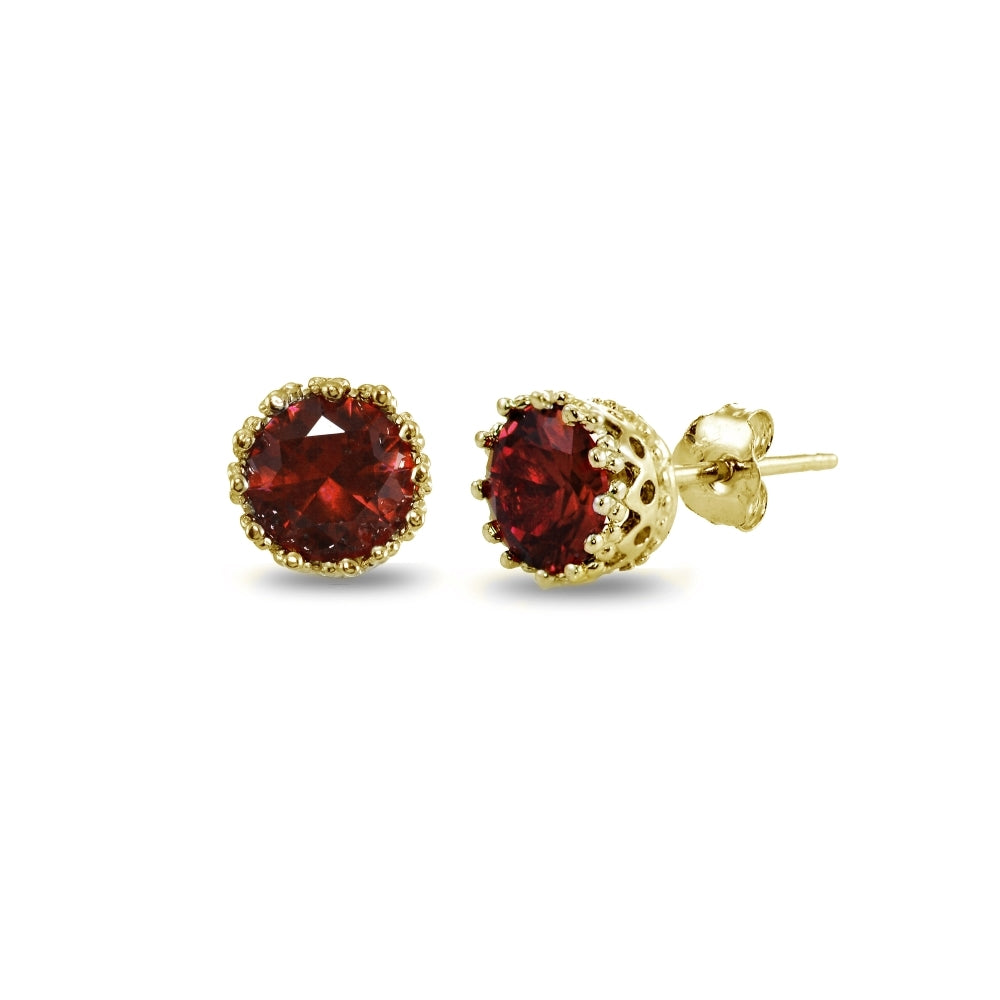 Yellow Gold Flashed Sterling Silver Garnet Crown Stud Earrings