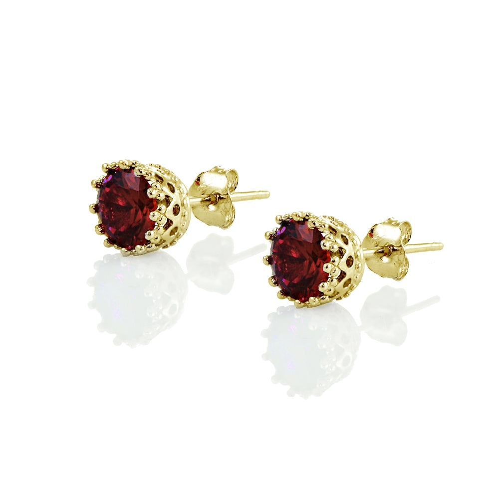 Yellow Gold Flashed Sterling Silver Garnet Crown Stud Earrings-2