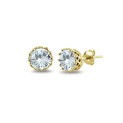 Yellow Gold Flashed Sterling Silver Created Aquamarine Crown Stud Earrings