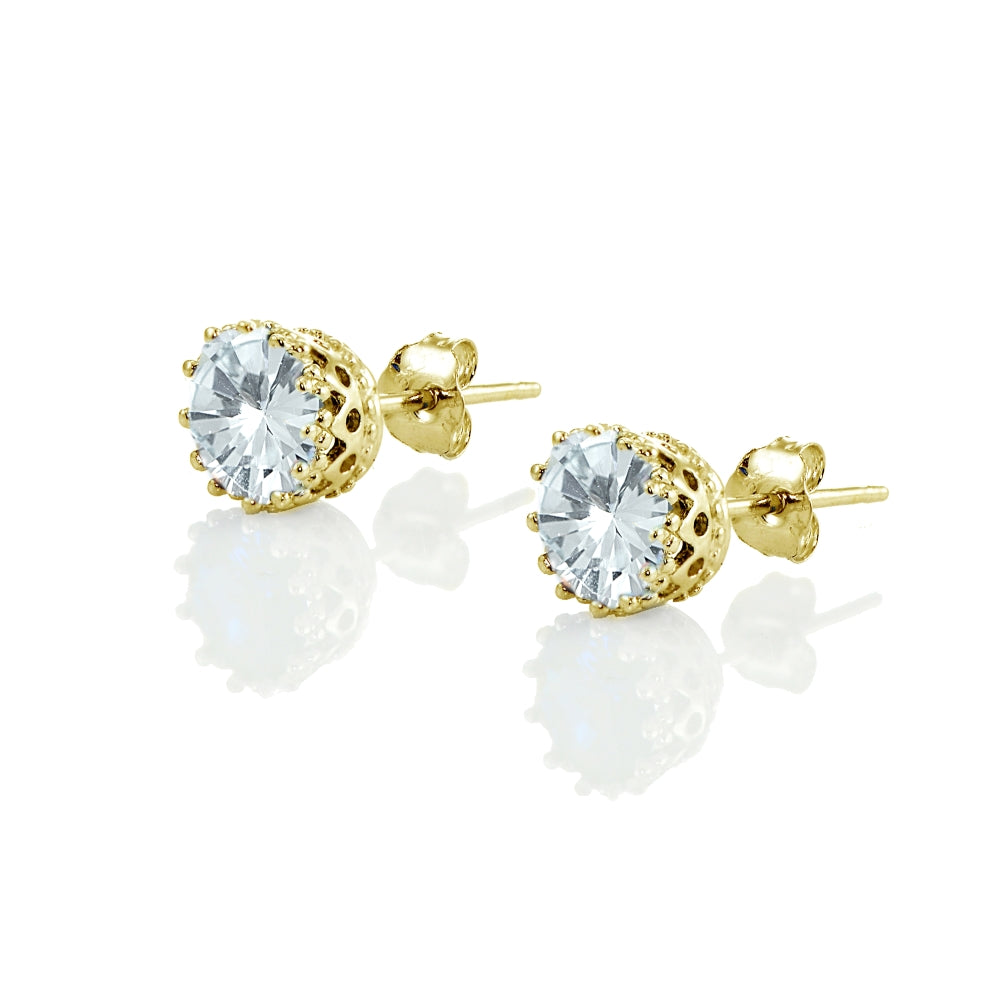 Yellow Gold Flashed Sterling Silver Created Aquamarine Crown Stud Earrings-2
