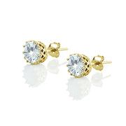 Yellow Gold Flashed Sterling Silver Created Aquamarine Crown Stud Earrings