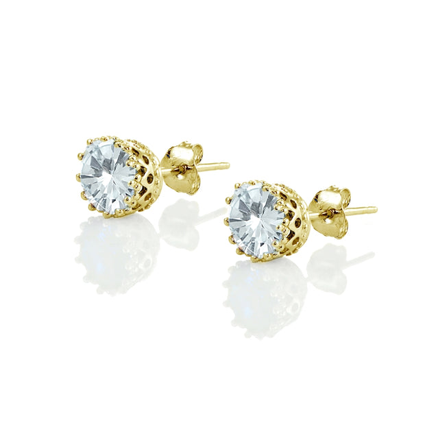 Yellow Gold Flashed Sterling Silver Created Aquamarine Crown Stud Earrings