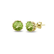 Yellow Gold Flashed Sterling Silver Created Peridot Crown Stud Earrings