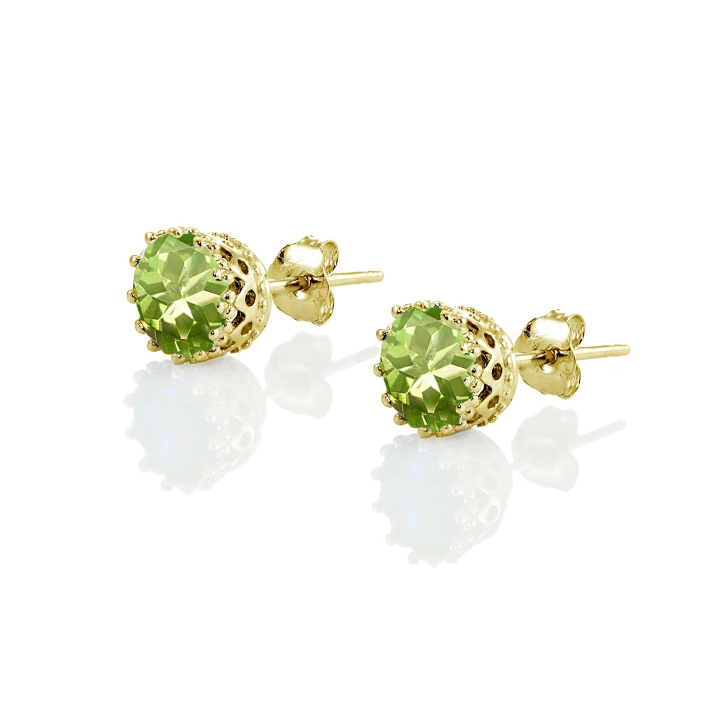 Yellow Gold Flashed Sterling Silver Created Peridot Crown Stud Earrings-2