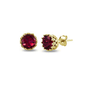 Yellow Gold Flashed Sterling Silver Created Ruby Crown Stud Earrings