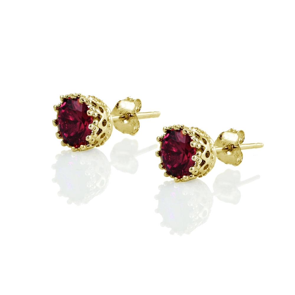 Yellow Gold Flashed Sterling Silver Created Ruby Crown Stud Earrings-2